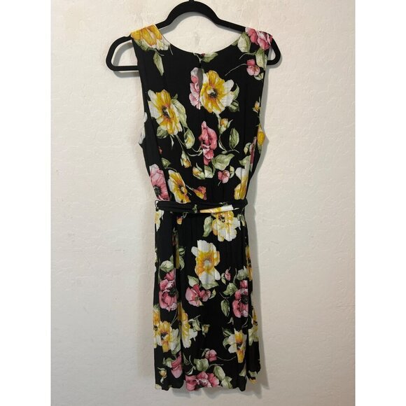 Apt. 9 XL Black Sleeveless Dress Bright Floral Pattern Fit and Flare Lined Belte - Picture 8 of 10